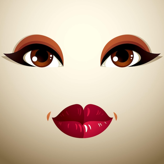 Vector facial expression of a young pretty woman. coquette lady visage, human eyes and lips.