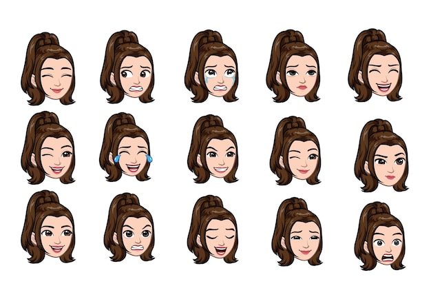 Facial expressions female character Collection of young woman feelings Beautiful girl emoji