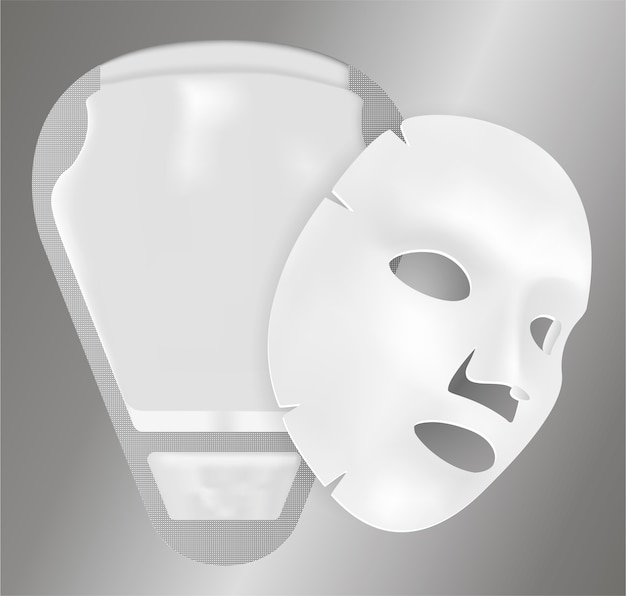 Pacchetto maschera facciale con foglio vettoriale 3d. bustina.