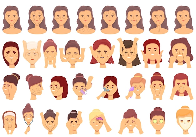 Facial massage icons set cartoon vector. Face skin