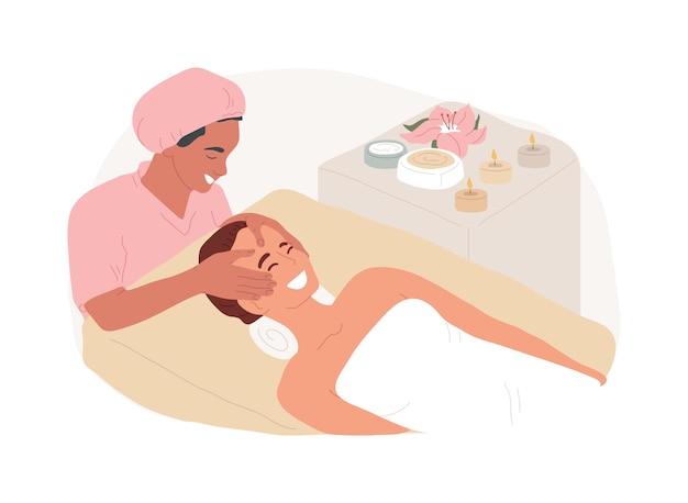 Illustrazione vettoriale del concetto isolato di massaggio viso trattamento spa viso e collo lifting professionale cura della pelle benessere e relax cosmetologia clinica salone tailandese concetto di vettore di bellezza