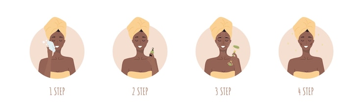 Vector facial massage steps. african woman do cosmetic spa procedures