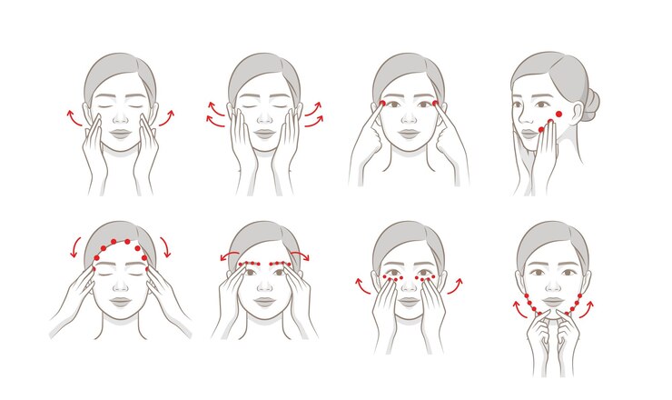 Vector facial massage techniques routine woman massaging face acupressure massage