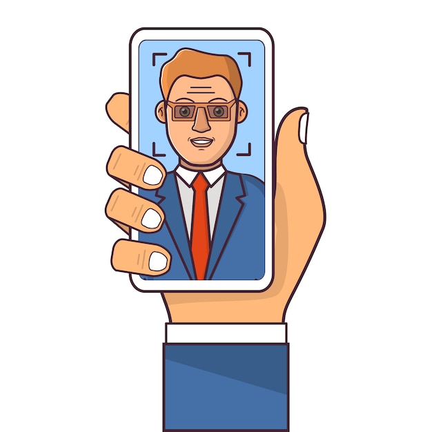 Facial recognition system.Face ID.Human hand holding smartphone.Businessman in a suit. Biometric authentication.