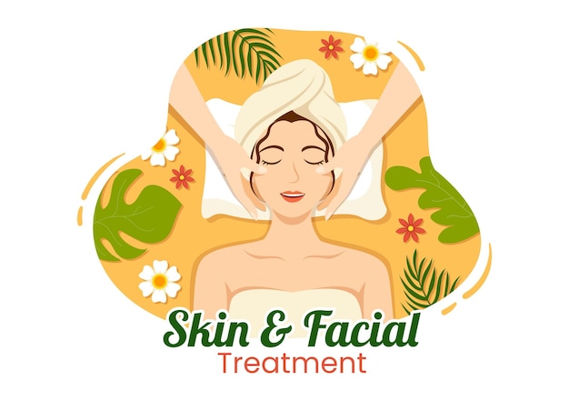 Vector facial and skin treatment illustration with women skin care procedure or spa wellness in templates