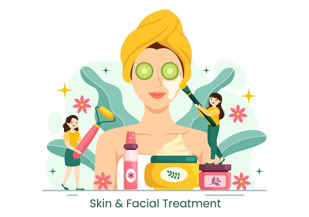 Vector facial and skin treatment illustration with women skin care procedure or spa wellness in templates