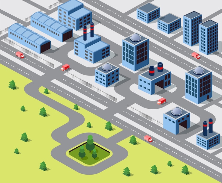 Vector factories, warehouses and office buildings in urban areas of large cities