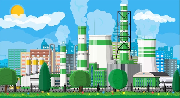 Vector factory building. industrial factory, power plant. pipes, buildings, warehouse, storage tank. green eco plant. urban cityscape skyline. trees clouds and sun.