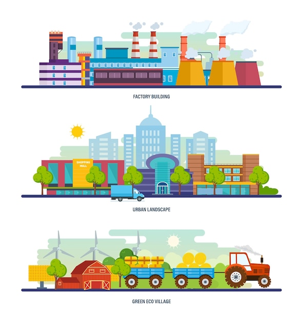 Factory building lurban landscape transport an eco green village