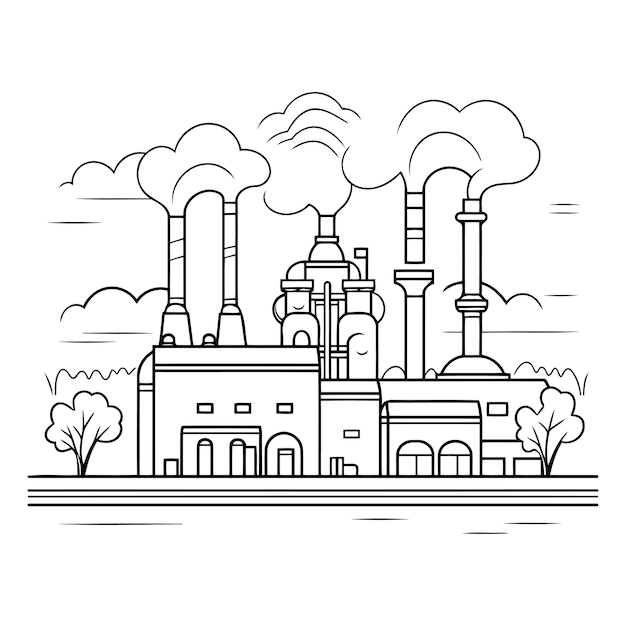 Factory building with chimneys in line art style