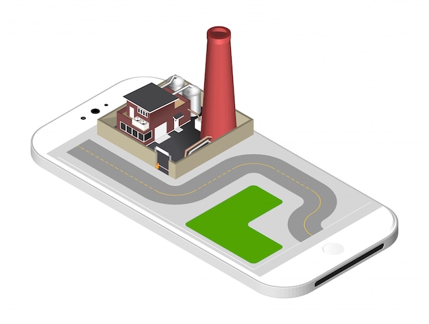 Factory building with a pipe, cisternae, fence with a barrier - standing on the smartphone screen. vector illustration isolated