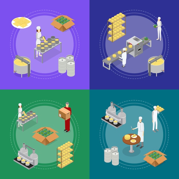 Factory cheese production line banner card set vector