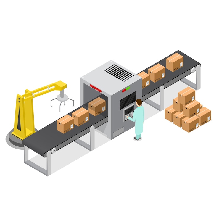 Vector factory conveyor belt with cardboard boxes in isometric view