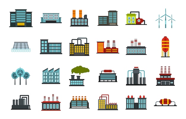 Factory icon set. Flat set of factory vector icons collection isolated