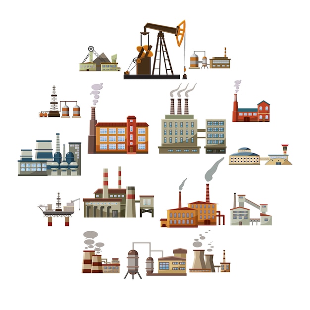 Factory icons set, cartoon style