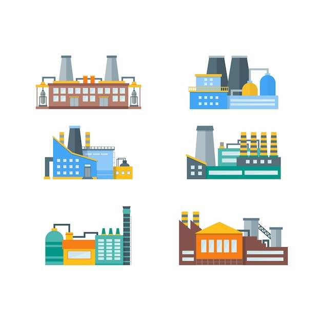 Factory or industrial building flat design style set. energy industry