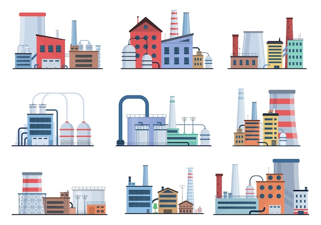 Завод промышленности мануфактура мощность электричество здания плоские иконки набор атомных электростанций