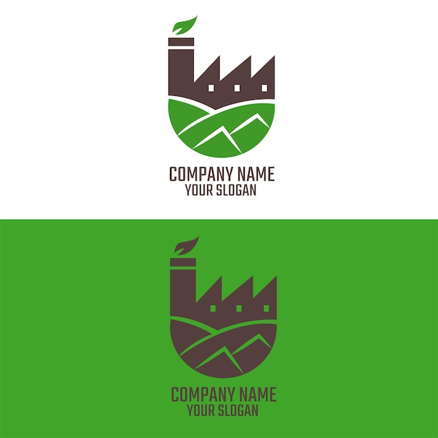 Factory logo with exhaust outlet Green emissions and carbon reduction icon industry symbol