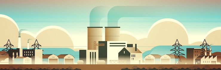 Vector factory manufacturing buildings industrial zone plants with pipes and chimneys