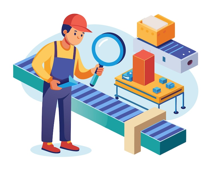 Vector factory manufacturing worker quality check inspect supervising products vector illustration graphics