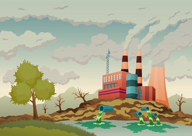 Factory plant smokes with smog, trash emission from pipes to river water.