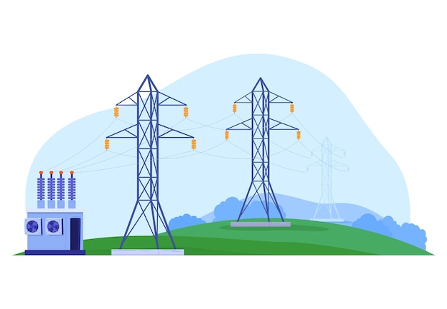 Vettore pericolo di alta tensione per la trasmissione di energia elettrica di fabbrica per il vettore di stile del fumetto di disegno di vita