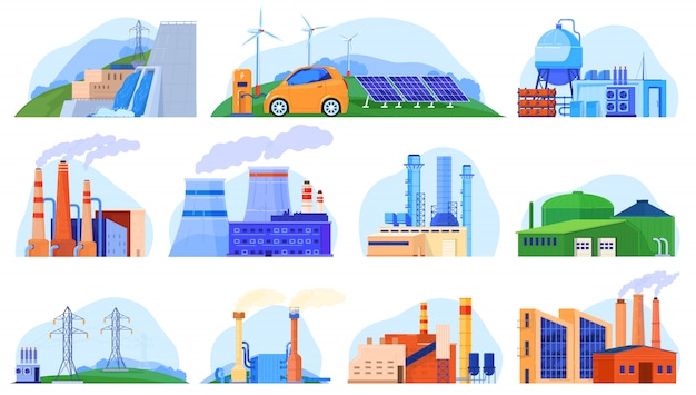 Vector factory power plants set of industrial constructions, urban enviroment, manufacturing stations   illustration.