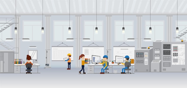 Vector factory in process with workers working flat design vector illustration