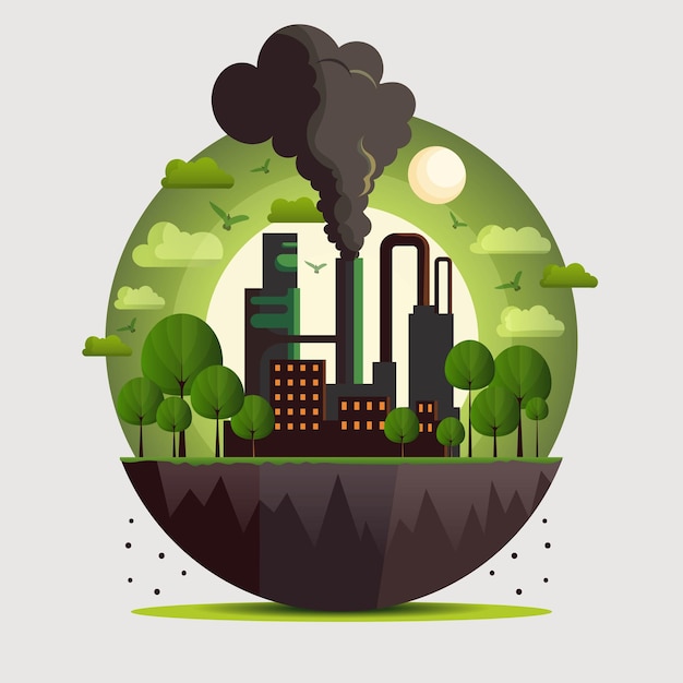 Factory And Trees On Half Earth Globe Background And Sun Ecosystem And Pollution Concept