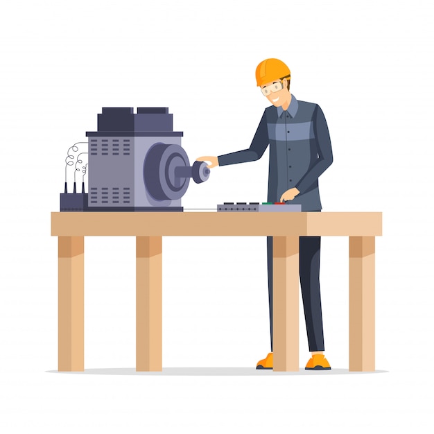 Vector factory worker flat illustration. happy manufacturing plant employee standing behind workbench cartoon character. smiling man in protective helmet and glasses working with industrial equipment