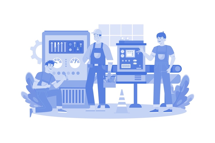 Vector factory worker repairing machine illustration concept on white background