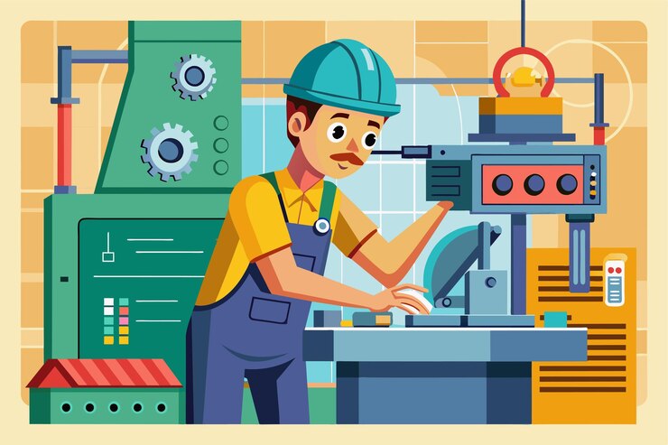 Vector a factory worker repairs machinery using tools while focused on the task in an industrial environment factory worker fixing machine flat drawing