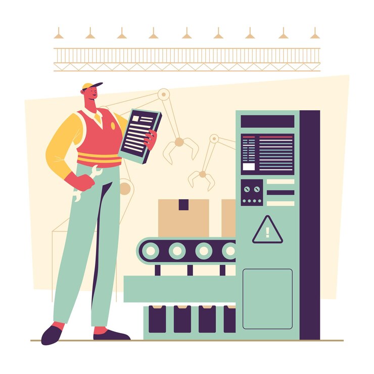 Vector factory worker with robotic arms concept