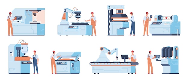 factory workers people industrial machines electronic manufacturing equipment engineering technology stampers and assemblers professional mechanics and operators vector cartoon flat isolated set