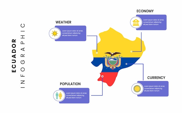 Fatti sul paese dell'ecuador. disegno vettoriale del modello infografico della mappa dell'ecuador piatto.