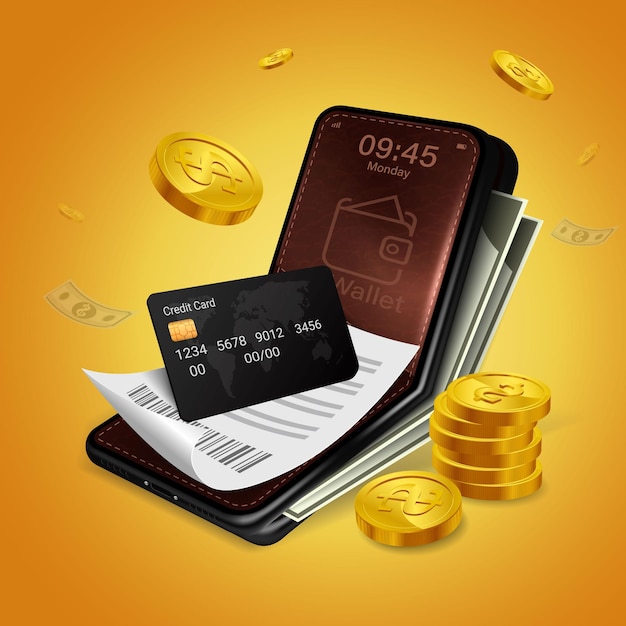 Vector factuurbetaling en creditcards staan op uw mobiele portemonneeconcept van portemonnee-applicatie op smartphone