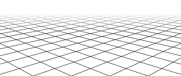 Fading diagonal wireframe grid Vanishing checkered tile floor landscape Horizontal chessboard