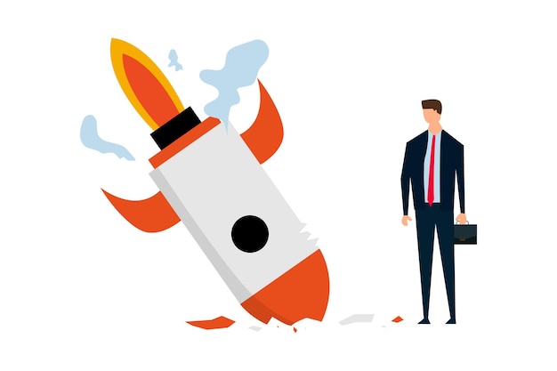 fail start up business depressed businessman company owner standing beside crash launching space rocket metaphor of new business failure