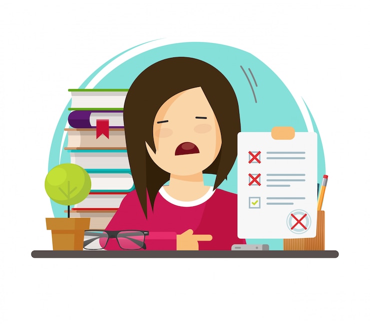 Vector failed exam or bad test results and unhappy pupil or student stressed woman or girl not passed examination  illustration flat cartoon