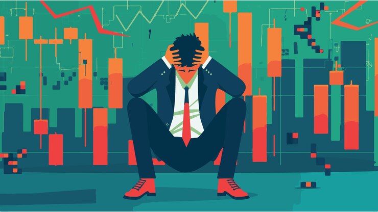 Vector failed stressed businessman lost money from stock trading in flat design negative profit investment