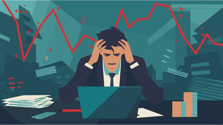 Vector failed stressed businessman lost money from stock trading in flat design negative profit investment
