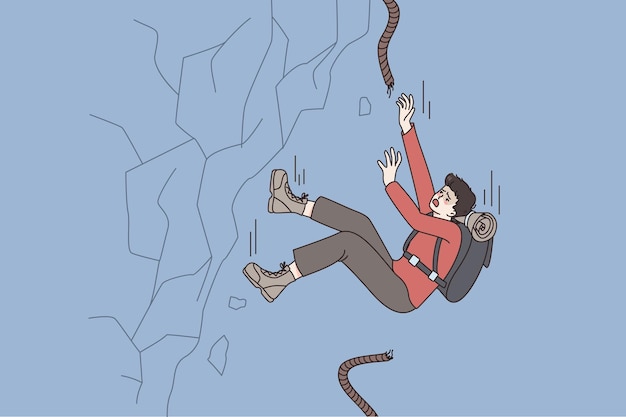 Vector failure and falling in sport concept young man alpinist with broken rope falling down aside slope feeling panic vector illustration