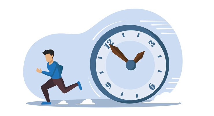 Vector failure to meet tight project deadlines man escaping responsibility faceless adult person running away from huge rolling clock flat vector illustration