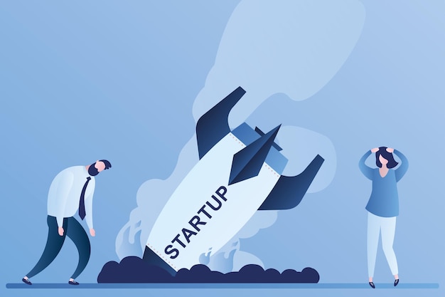 Failure startup background fallen rocket burns and unhappy business people near business problem