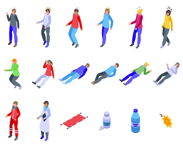 Fainting icons set isometric vector Person accident