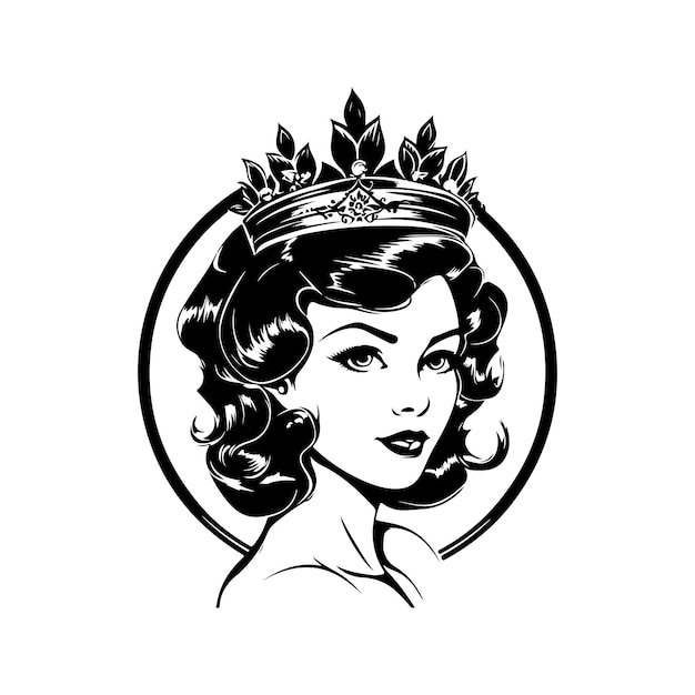 Vettore illustrazione disegnata a mano di colore bianco e nero di concetto di arte di linea di logo d'annata della regina giusta