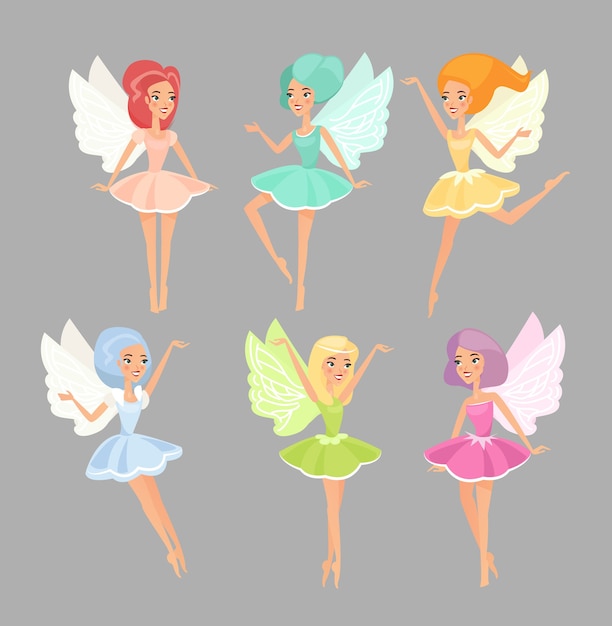 Fairies flat illustrations set. magic fairytale creatures cute mythical flying elves