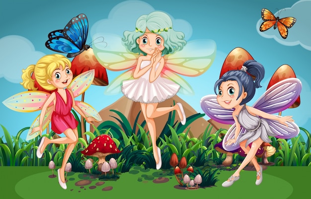 Vector fairies flying in the garden with butterflies