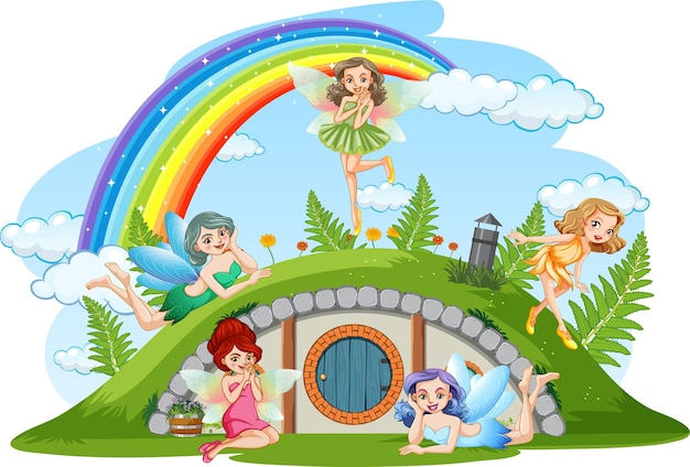Fairies at hobbit house on white background