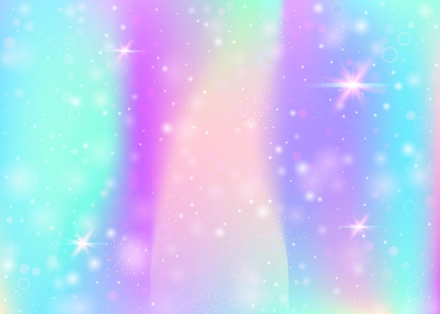 Fairy background with rainbow mesh. Trendy universe banner in princess colors. Fantasy gradient backdrop with hologram. Holographic fairy background with magic sparkles, stars and blurs.